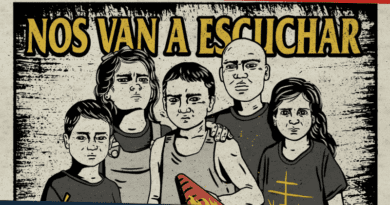 Caricatura de cuatro personas. Carátula Mástil - Nos van a Escuchar