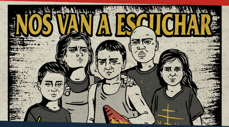 Caricatura de cuatro personas. Carátula Mástil - Nos van a Escuchar