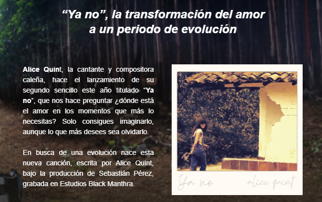 "Ya no" nuevo lanzamiento musical de Alice Quint